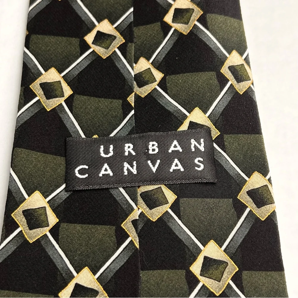 Urban Canvas men's necktie green black gold diamonds handmade 100%  silk‎